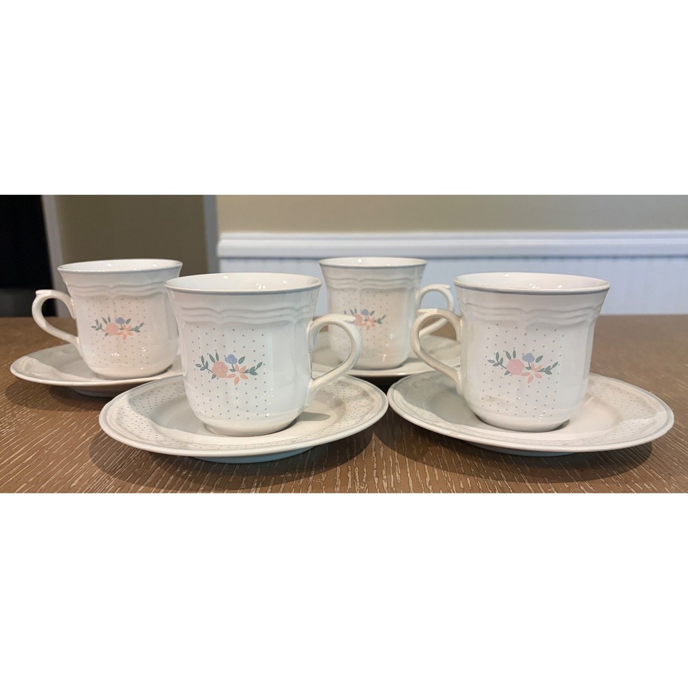 Newcor Corsage 6014 Stoneware Cups & Saucers Set of 4 Floral Vintage 1988